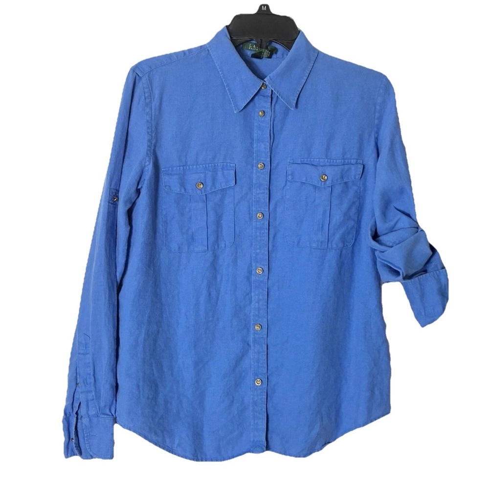 Lauren Ralph Lauren Blue Linen Button Shirt M Gold Yacht Buttons Roll Tab Crest